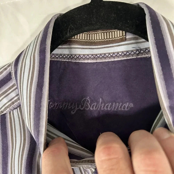 Tommy Bahama Dress Shirt Men's Medium Purple Striped 100% Silk Button Up - Picture 4 of 13